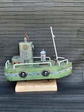 Folk Art Wooden Tug Boat Sculpture Steampunk Nautical Upcycled Signed 10.5in